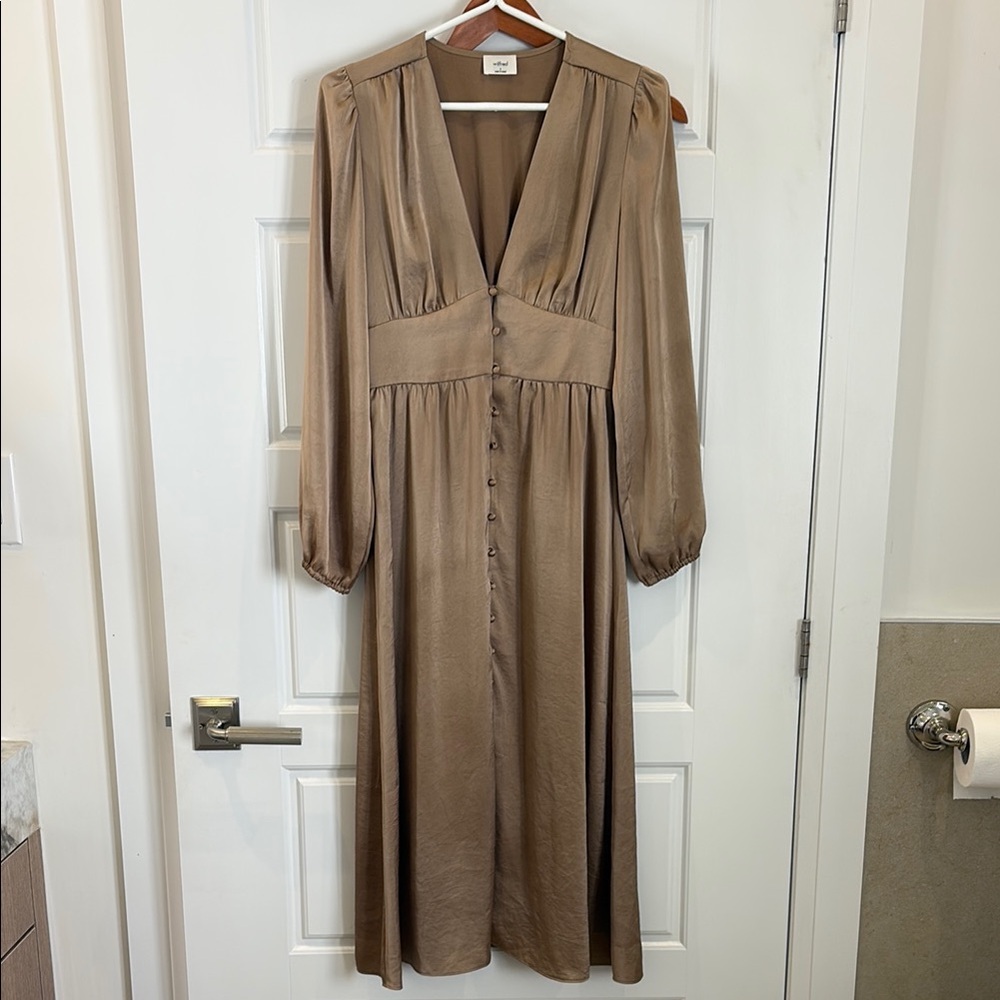 Taupe V-Neck Long Sleeve Midi Dress